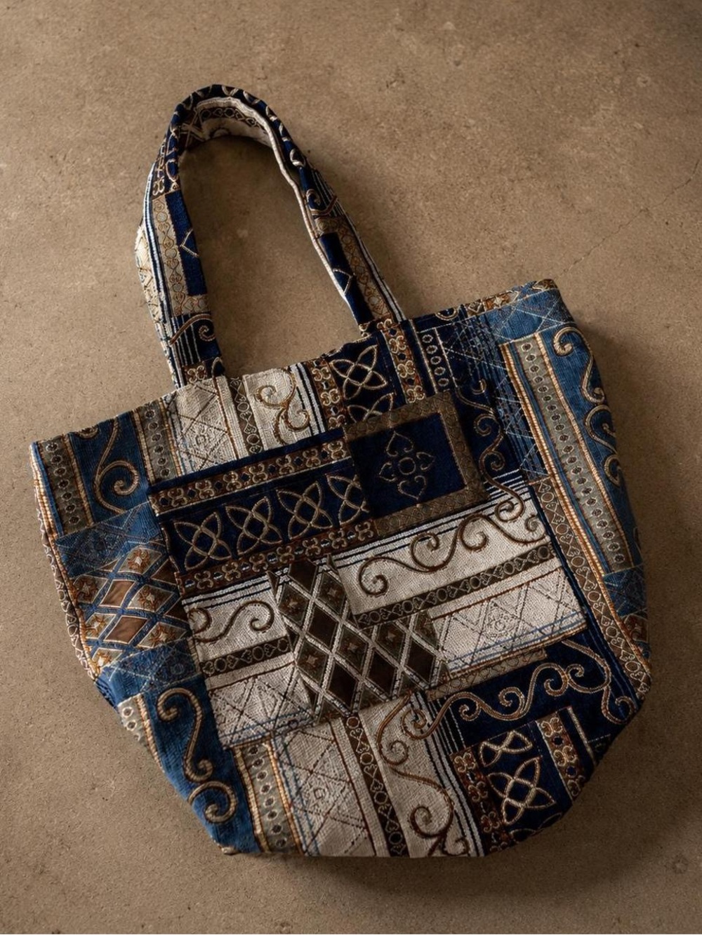 Bohemian Patterned Tote Bag in Navy, Cream & Brown